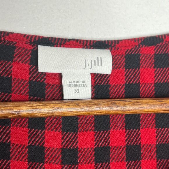 J Jill Women's XL Red Black Buffalo Plaid Button Down Peplum Blouse - Picture 5 of 10